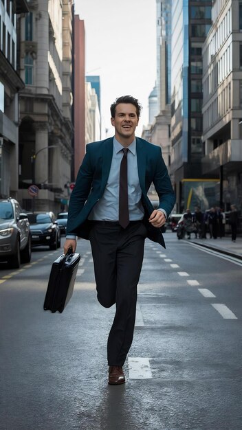 young businessman with a briefcase running in a city street hurry up to go work