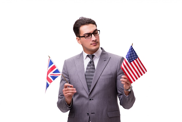 Young businessman with flag isolated on white