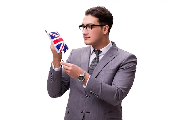 Photo young businessman with flag isolated on white