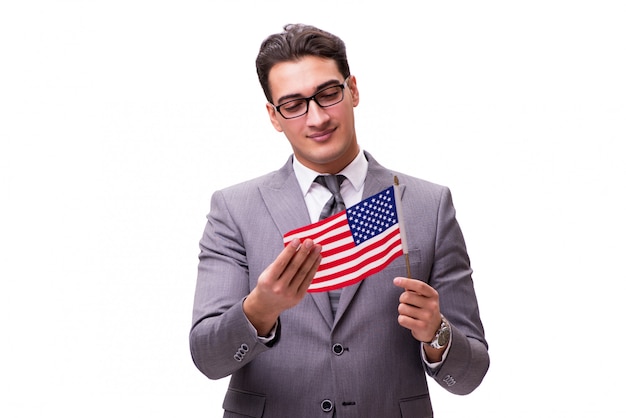 Photo young businessman with flag isolated on white