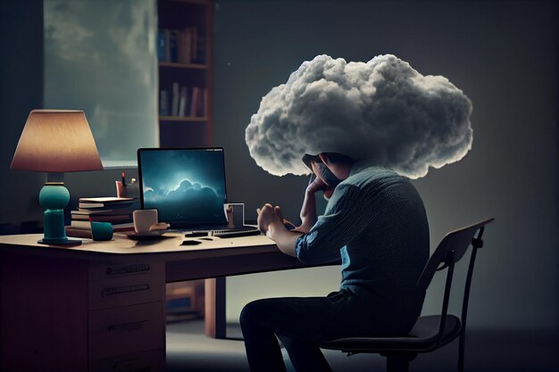 young businessman work with laptop under a rain cloud