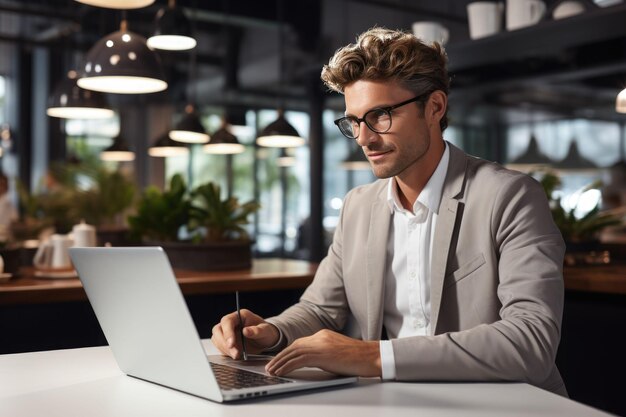 Photo young businessman working on the laptop in the cafe