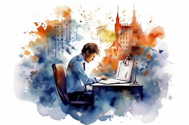 Young businessman working on a laptop in front of abstract city background in watercolor style