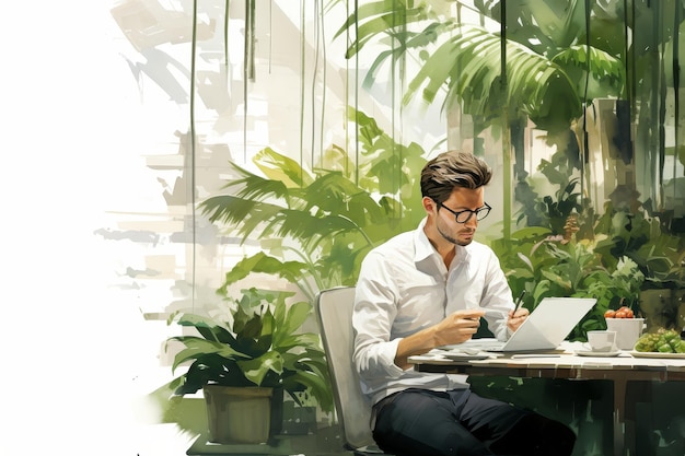 Молодой бизнесмен работает на ноутбуке за столом Акварель иллюстрация для бизнес-концепции