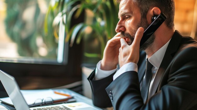 Foto giovane uomo d'affari che lavora in ufficio seduto alla scrivania a parlare al telefono