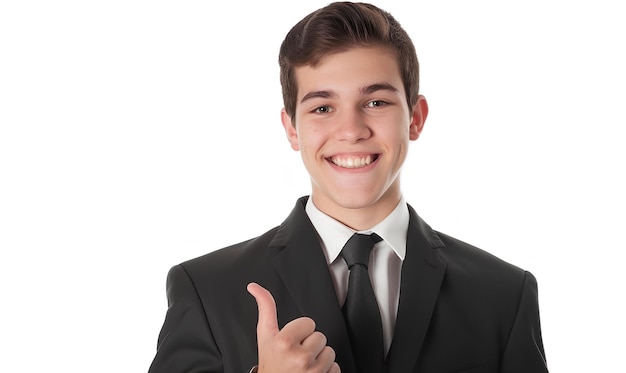 Photo young businesswman with tumb up on white background