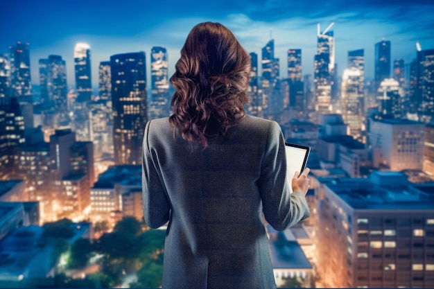 Young businesswoman amid cityscape symbolizing success and future potential