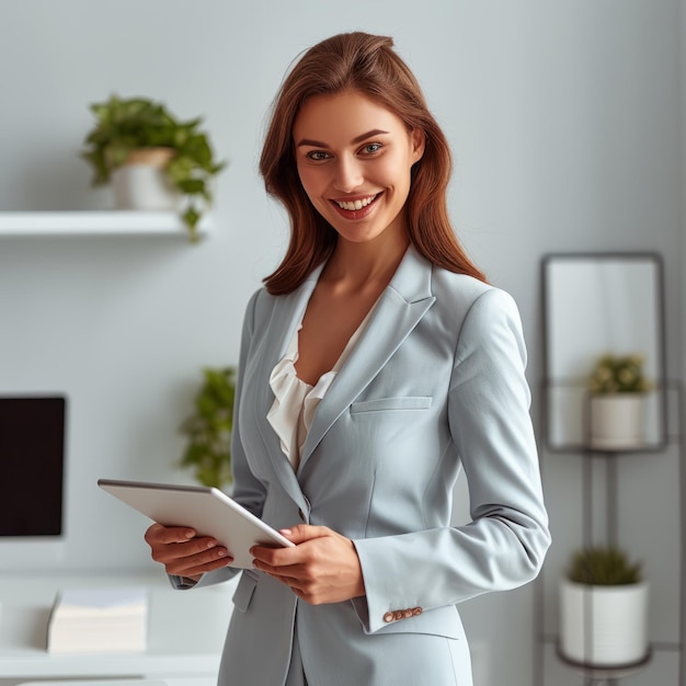 A young businesswoman in a blue suit is standing in an office holding a tablet and smiling at the camera