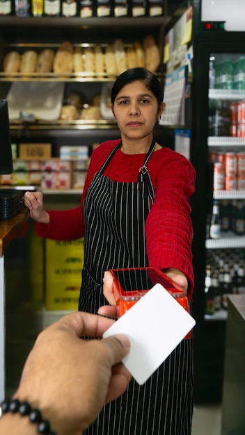 young businesswoman charging customer with contactless card in a coffee shop