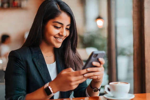 young businesswoman checking mobile phone in restaurant cafe