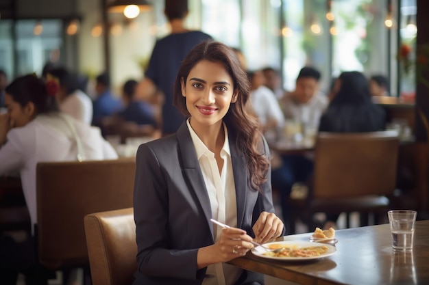 Молодая деловая женщина или корпоративный сотрудник в ресторане