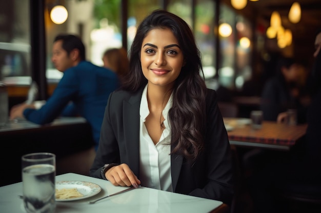 Young businesswoman or corporate employee at restaurant