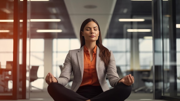 Young businesswoman does yoga at work in the office Created with Generative AI technology