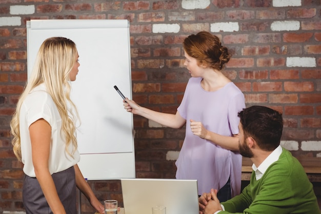 Young businesswoman explaining colleagues 