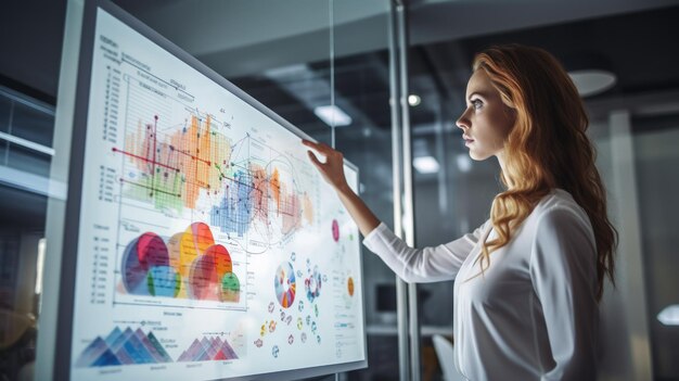 Photo young businesswoman giving presentation in a dark auditorium a proficient female it specialist