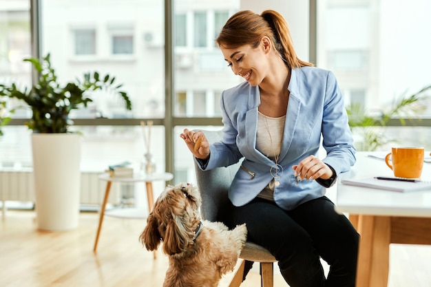 Young businesswoman having fun with her dog while giving him a cookie in the office