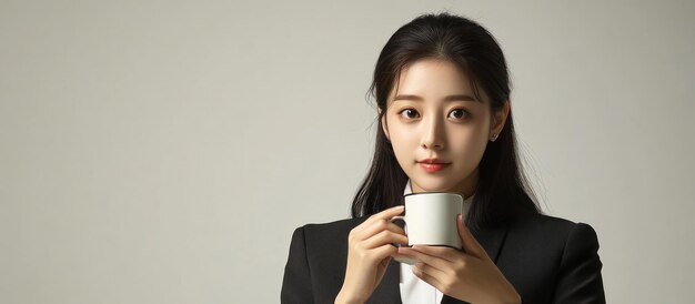 カメラを見ながらコーヒーを飲んでいる若いビジネスウーマン