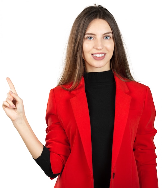 Young businesswoman making a presentation isolated