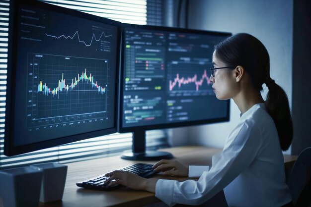 Молодая деловая женщина сидит за столом в офисе и работает на компьютере Генеративный ИИ