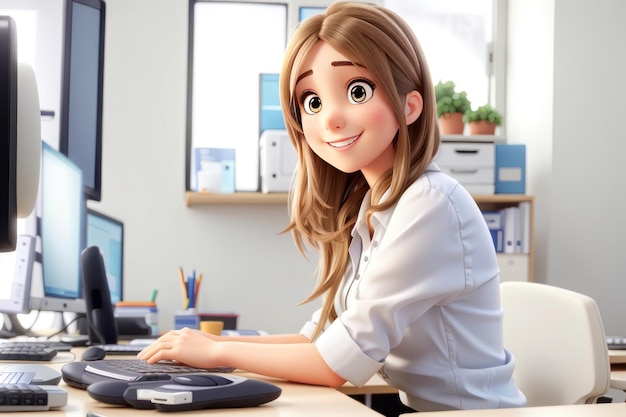 Молодая бизнесменка сидит за столом в офисе и работает на компьютере