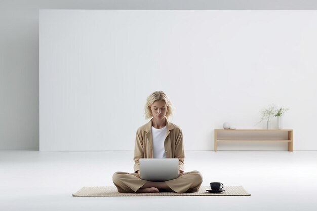 Young businesswoman sitting on floor and using laptop isolated on white wall