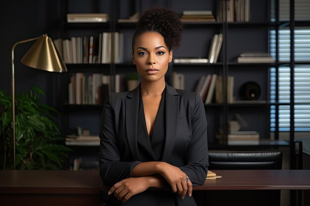 Photo young businesswoman smiling and looking at camera in office