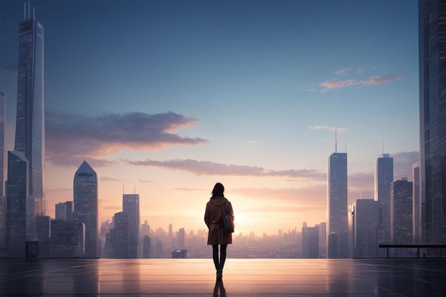 Young businesswoman standing on the road and looking at the skyscrapers