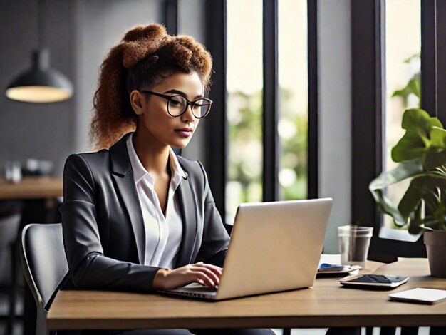 Photo young businesswoman typing on laptop using wireless connection