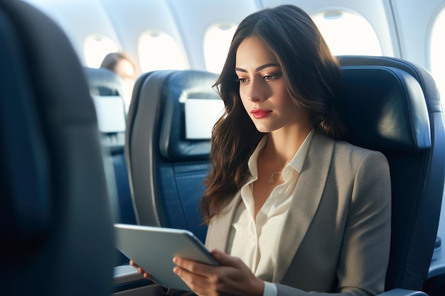 Photo young businesswoman using laptop in the airplane