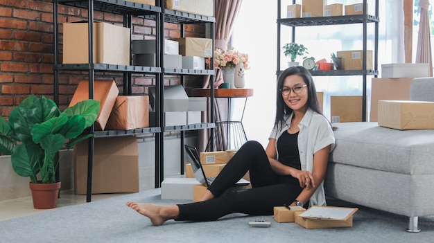 Young businesswoman using laptop work at home