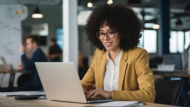 Photo young businesswoman using laptop