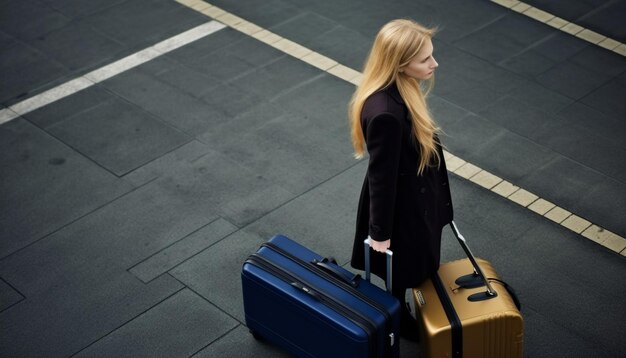 Молодая бизнесменка, выходящая с багажем из терминала аэропорта для путешествия, созданного искусственным интеллектом