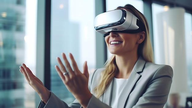 Молодая деловая женщина в очках виртуальной реальности во время виртуальной встречи Создано с помощью технологии генеративного ИИ