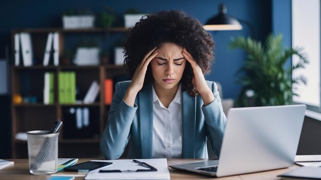 Молодая бизнесменка с простудой и вирусом гриппа имеет головную боль во время работы в офисе