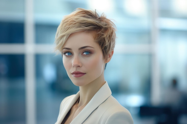 Young businesswoman with short hair at her office