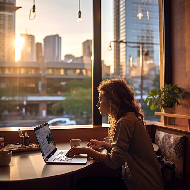 A young businesswoman working on a laptop at a coffee shop with a city skyline in the background
