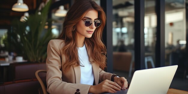 Young businesswoman working on laptop sitting at office