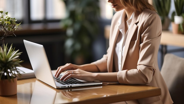 Young businesswoman working on laptop at table in office closeup