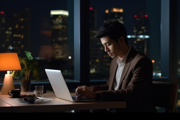Молодой занятой азиатский бизнесмен-руководитель, работающий на ноутбуке ночью в темном корпоративном офисе Профессиональный бизнесмен-менеджер, использующий компьютер, сидящий за столом, вид на большой город вечером