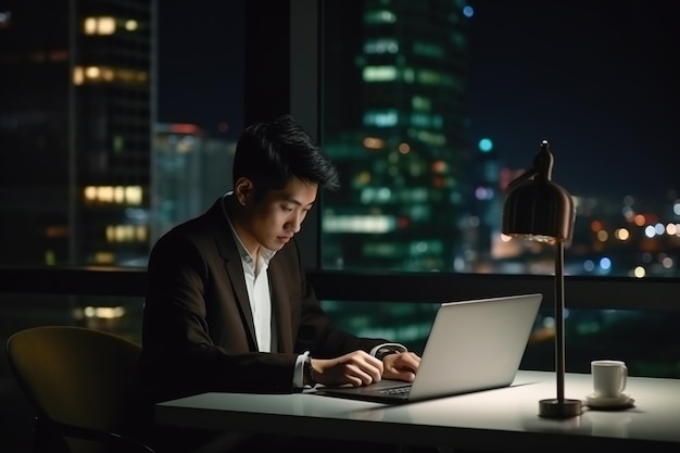 Young busy Asian business man executive working on laptop at night in dark corporate office Professional businessman manager using computer sitting at table big city evening view