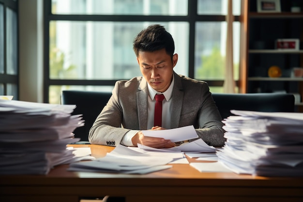 Young busy Asian business man lawyer tax accountant manager holding paper documents checking bills doing sales invoice accounting reading legal contract or bank statement sitting at desk in office