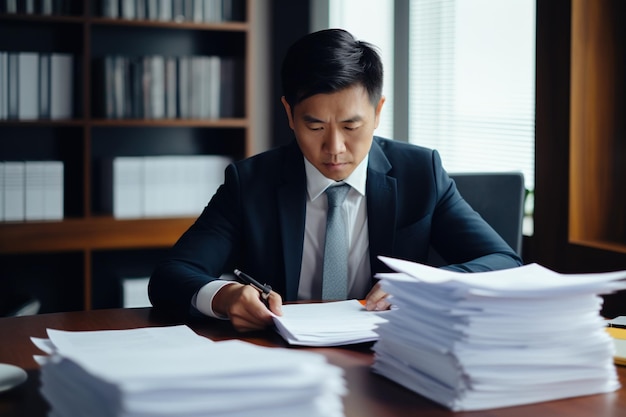 Young busy Asian business man lawyer tax accountant manager holding paper documents checking bills doing sales invoice accounting reading legal contract or bank statement sitting at desk in office