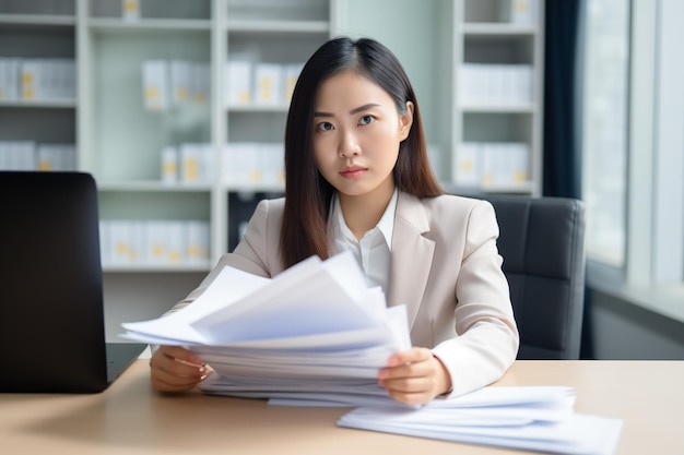 젊고 바쁜 아시아 여성 변호사 세무사 관리자는 사무실 책상에 앉아 판매 송장 회계 법률 계약서나 은행 명세서를 읽는 청구서 확인 종이 문서를 들고 있습니다.