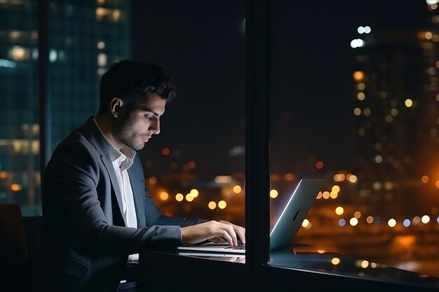 Young busy Latin business man executive working on laptop at night in dark corporate office Professional businessman manager using computer sitting at table big city evening view