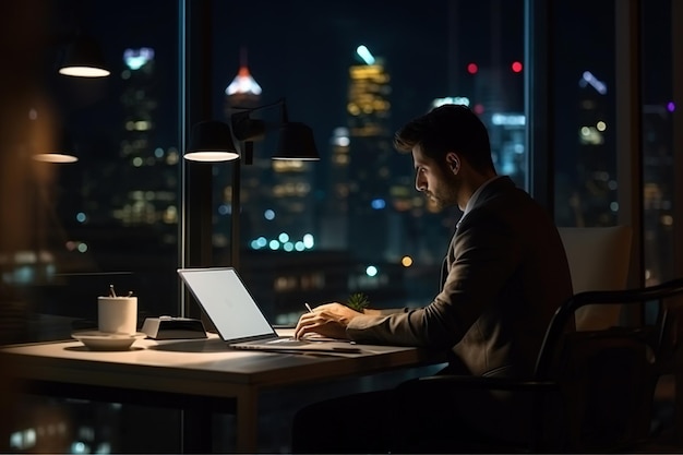 Young busy Latin business man executive working on laptop at night in dark corporate office Professional businessman manager using computer sitting at table big city evening view