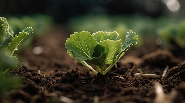 A young cabbage plant in a garden