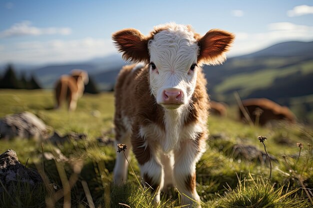 Young calf at dairy farm Newborn baby cow close up of young calfnewborn baby cow Generative AI