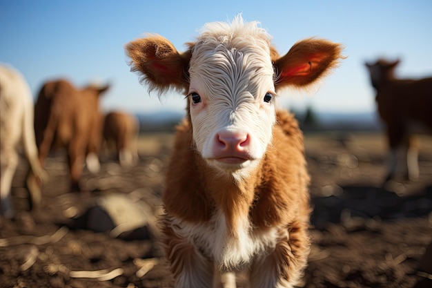 Young calf at dairy farm Newborn baby cow close up of young calfnewborn baby cow Generative AI