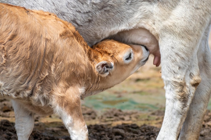 Photo 母牛から乳を飲む幼い小牛が静かでオープンな牧草地で囲まれているのが見られます