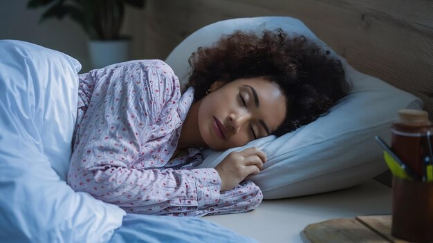 Young calm woman in pajamas sleeping in bed